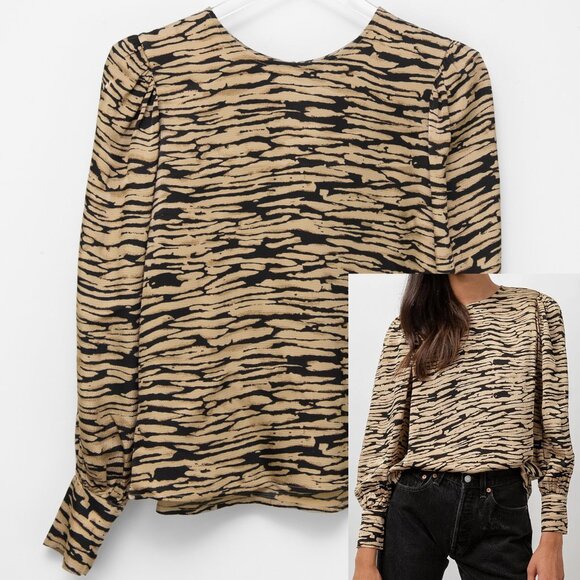 Rails Tops - Rails Razz Top Canyon Tiger Stripe Blouse Hammered Satin Camel Black Size Small